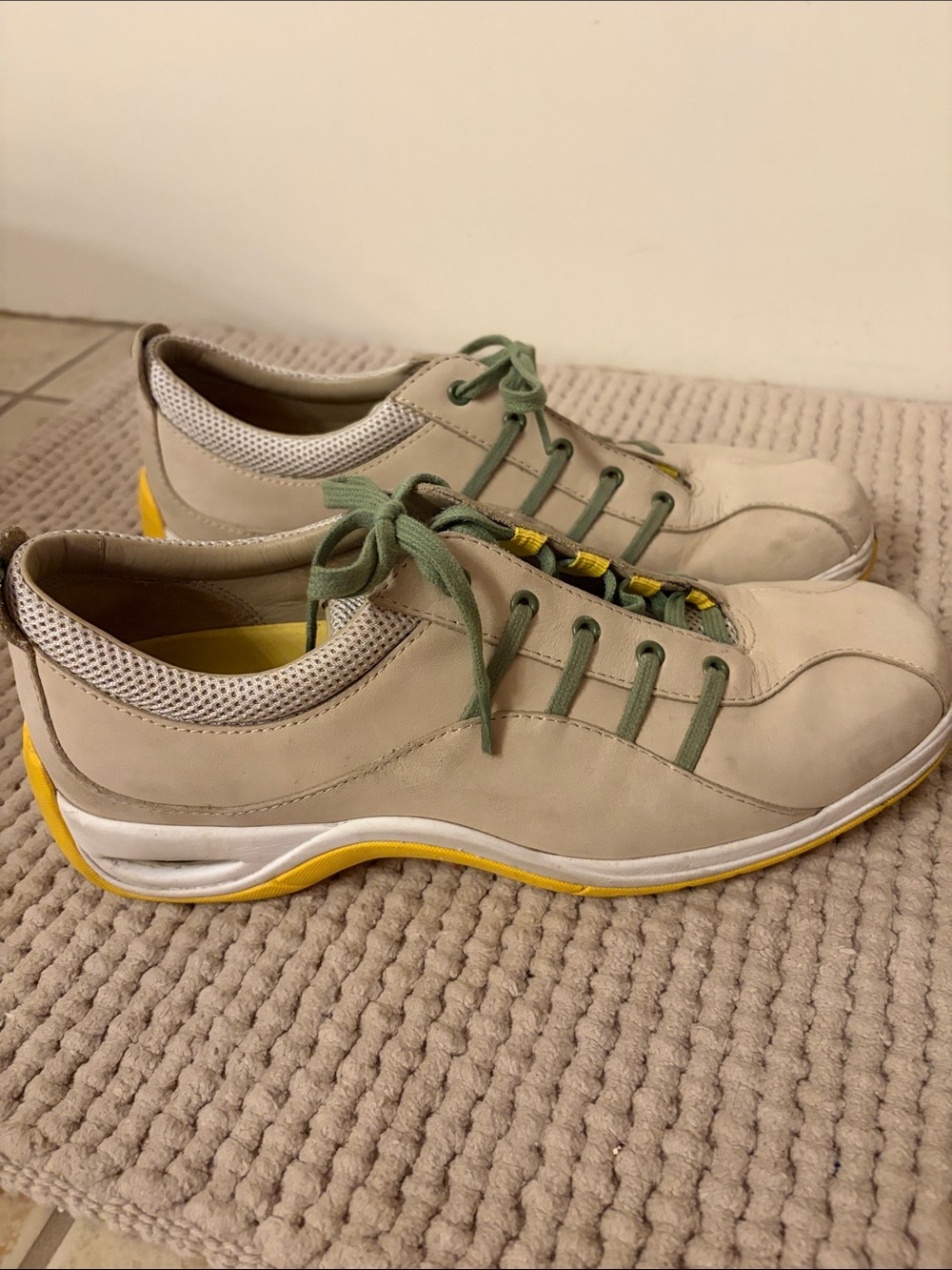 Cole Haan Beige Sneakers with Green Laces and Yellow Sole Trim